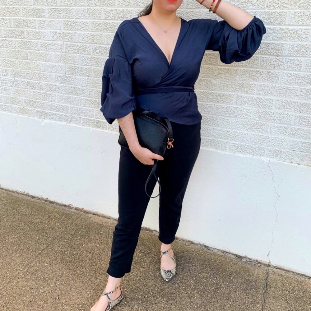 Navy satin deep Vneck wrap blouse 3/4 puffy sleeve